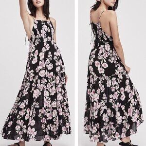 Free People Garden Party Dress Onyx Floral Smocked Bust Adjustable Tie Straps